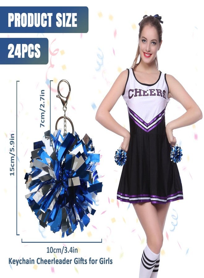 REHALY 24Pcs Pom Pom Keychain Cheerleader Gifts Cheerleading Keyring Charm Foil with Keychain Hooks for Team Sports Women Accessories(Bule+Silver) - Image 2
